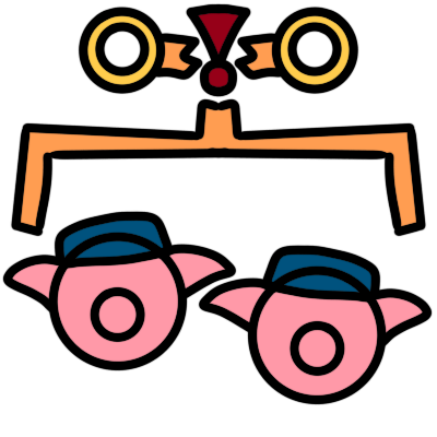 two golden circles with a broken orange line between them and red exclamation mark in the centre, and a bracket below them, representing unmarried parents. in the bracket are two cartoon simplistic pig heads wearing blue caps.